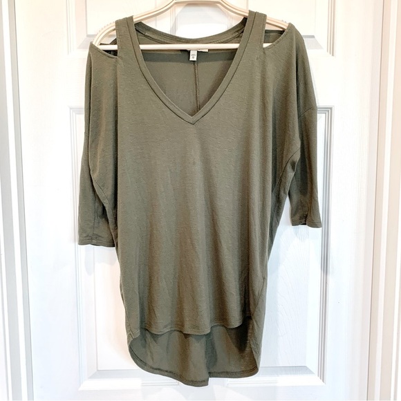 Olive Green Cutout Shoulder V-Neck London Tee Quarter Sleeve Tunic Top - Picture 1 of 6